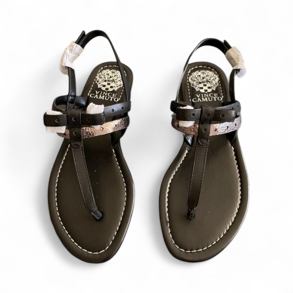 Vince Camuto Magda Leather T-Strap Thong Sandals Black Snake | Size 6M NWB